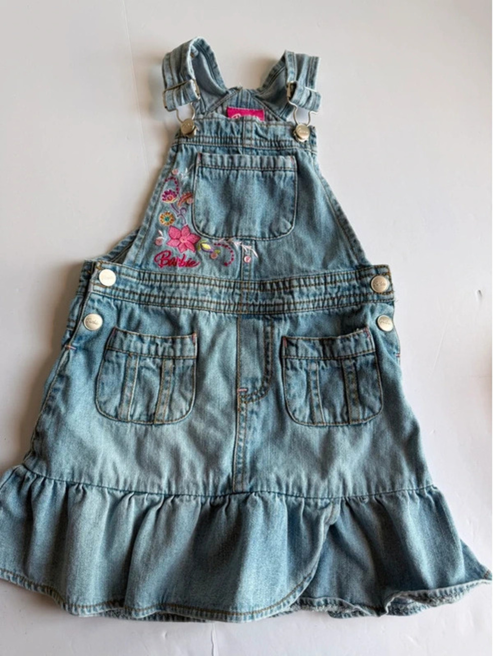 Vintage 2006 Barbie Avenue Girls Size 5 Denim Floral Embroidered Overall Dress